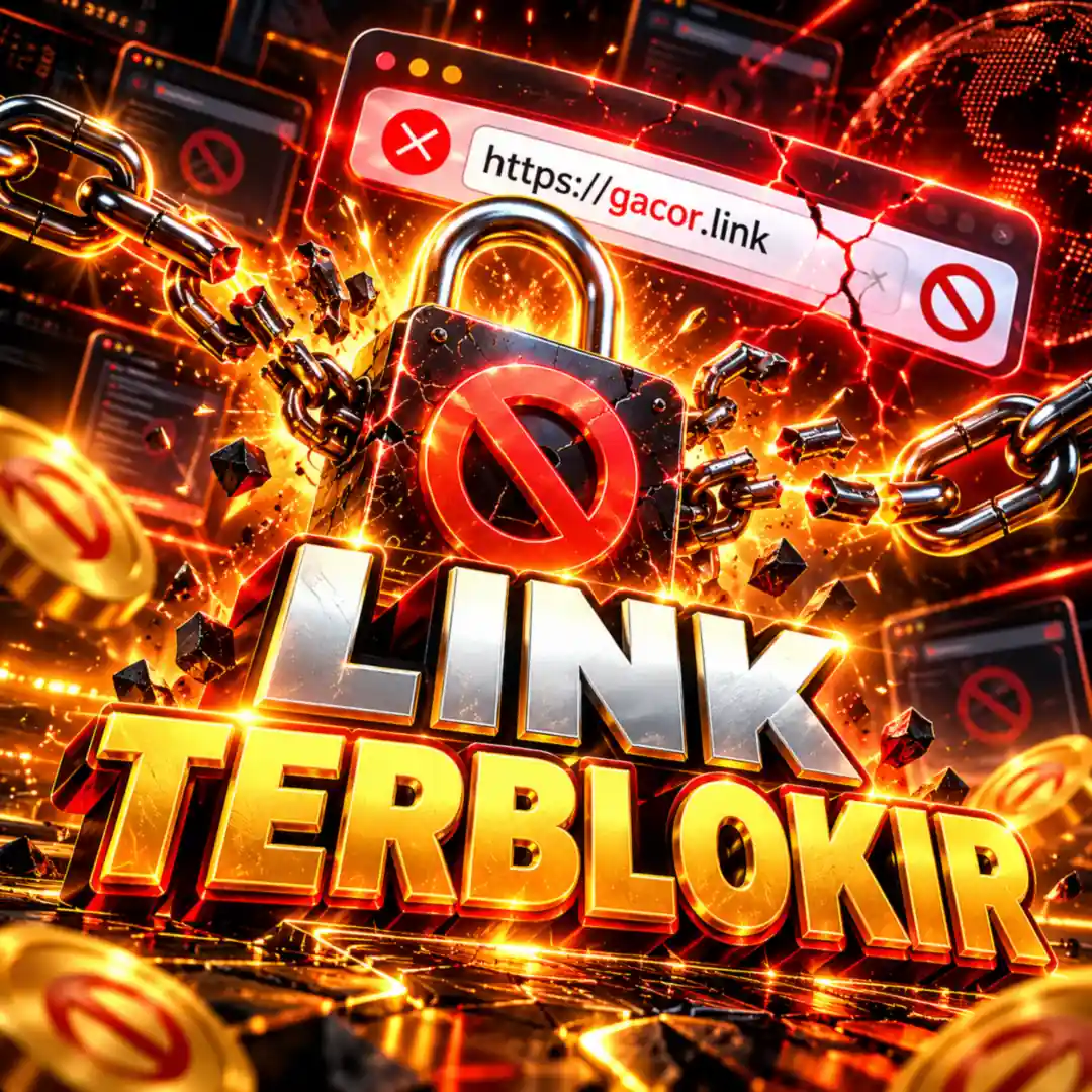 Ilustrasi Link Terblokir dengan gembok merah, rantai terputus, dan simbol akses ditolak
